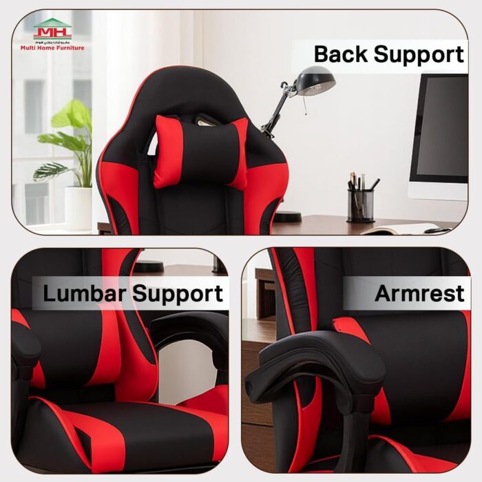 Multi Home Furniture Black & Red Gaming Chair | Ergonomic Chair High-Back Recliner Chair with Adjustable Footrest & Armrest | Racing-Style Office Chair with Lumbar & Headrest Support for Gaming Setup - Image 4