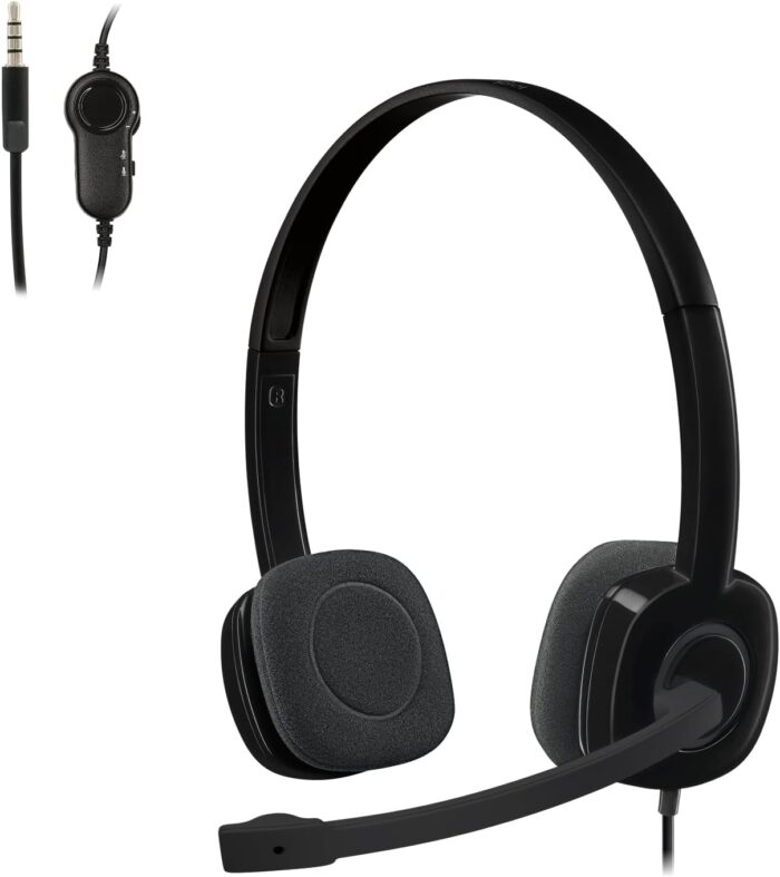 Logitech H151 Wired Headset, Stereo Headphones with Rotating Noise Cancelling Microphone, 3.5 mm Audio Jack, In Line Controls, PC/Mac/Laptop/Tablet/Smartphone Black, 981-000589, S,M,L