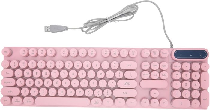 Zudoo Retro Wired Gaming Keyboard, Led Backlit Typewriter Style Mechanical Gaming Keyboard with 104 Round Keys, Multimedia Keys, Ergonomic USB Keyboard for Office Desktop Laptop (Pink)