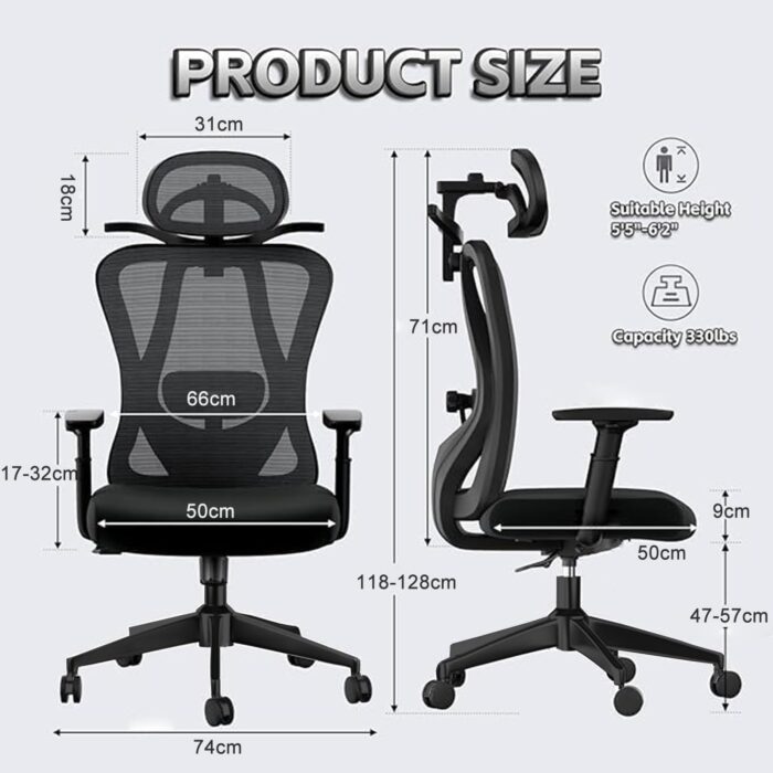 Ergonomic Office Chair, Computer Chair, Adjustable Desk Chairs with 2D Lumbar Support 3D Armrests Headrest, 135° Rocking Backrest, High Back Breathable Mesh Reclines Chairs for Office Study Gaming - Image 3