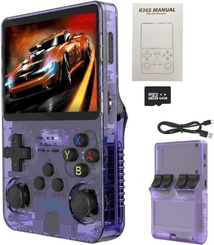 R36s retro Handheld Gaming Console with 64G Cards, Portable Retro Game Consoles Linux Gaming System Emulator 3.5-Inch IPS Screen (Purple-A)