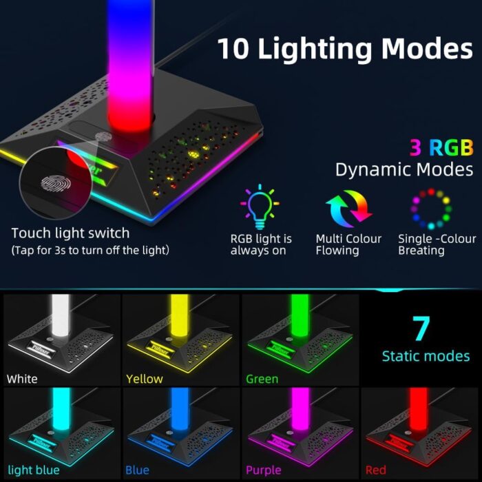 0TO1 TECH Gaming Accessories Stand, Headset Stand, Dual USB Ports, 10 Light Modes, Plus Mating PC Gaming Accessories At the Bottom, Suitable for Headsets /PS5 Controllers/Mobile Phones, Etc - Image 2