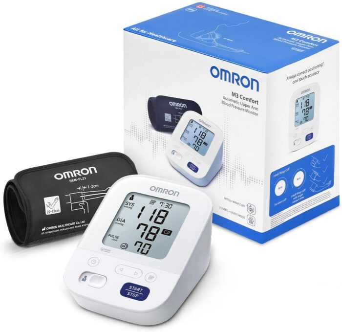 OMRON M3 Comfort Upper Arm Blood Pressure Monitor, 2 Users 60 memory, Hypertension Heartbeat BP Level, Clinically Validated on Diebetics Pregnancy Health Home BP Machine, Large Cuff 5 Year Guarantee