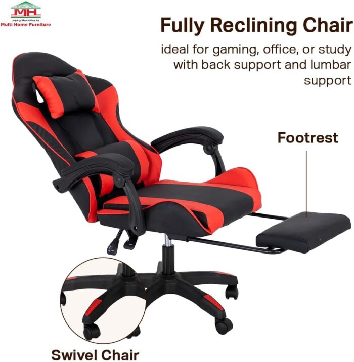 Multi Home Furniture Black & Red Gaming Chair | Ergonomic Chair High-Back Recliner Chair with Adjustable Footrest & Armrest | Racing-Style Office Chair with Lumbar & Headrest Support for Gaming Setup - Image 6