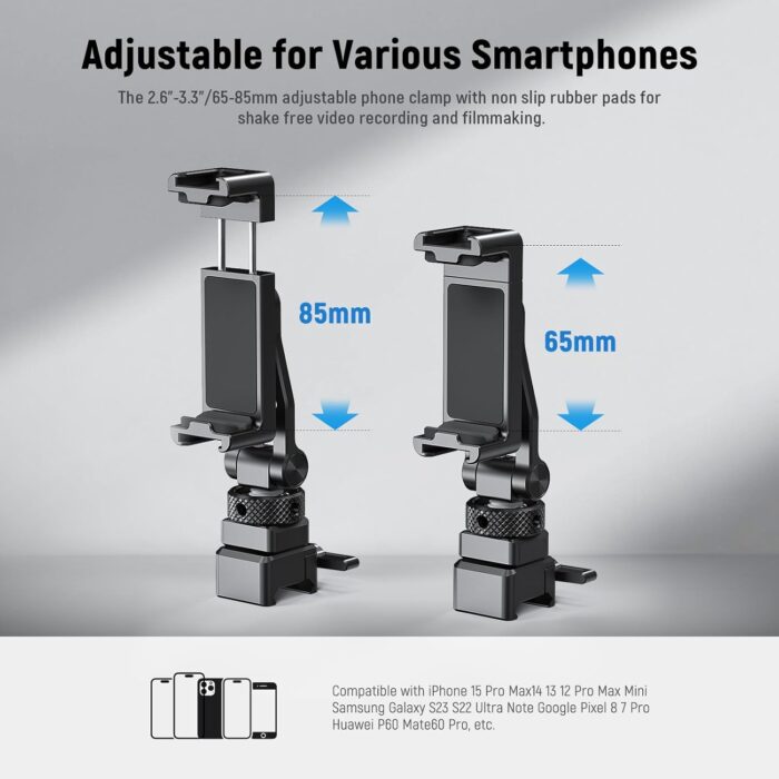 NEEWER Metal Phone Tripod Mount with Cold Shoe Mount and NATO Clamp for dji RS4 RS3 Pro RS2 RSC2 Gimbal Stabilizer, Phone Clamp Clip Holder - Image 5