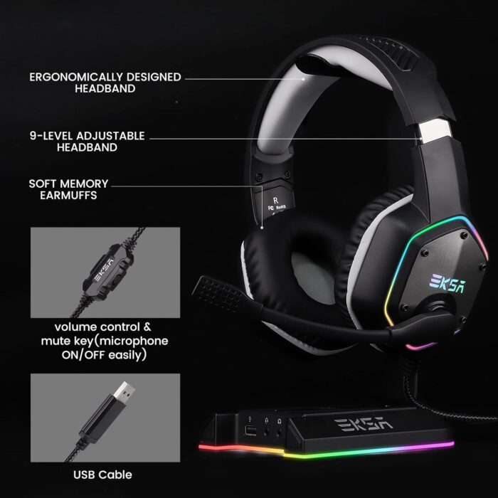 EKSA USB Gaming Headset for PC - Computer Headphones with 7.1 Surround Sound Stereo Noise Canceling Mic/Microphone RGB Light - Gaming Headphones for PS4/PS5 Console Laptop, Wired - Image 9