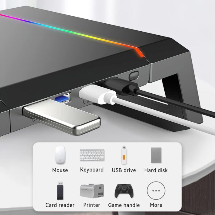 NALACAL RGB Gaming Computer Monitor Stand Riser - 4 USB 3.0 Hub, 3 Length Adjustable, Laptop Desk Shelf with Storage Drawer and Tablet Phone Holder, Desk Organizers for Desktop, Printer (Black) - Image 6