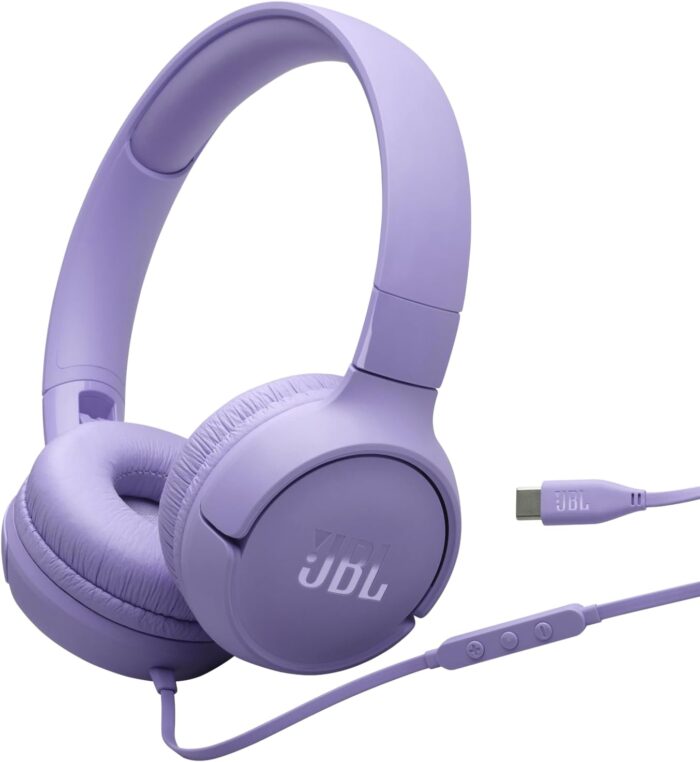 JBL Tune 520C USB-C Wired Headphones – Hi-Res Audio, Pure Bass Sound, 3-Button Remote, Padded On-Ear Design – Purple