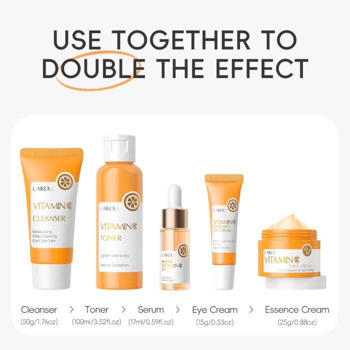 LAIKOU Vitamin C Skin Care Set, 5 Pcs Skincare Kit for Women, with Vitamin C Serum for Face Toner Eye Cream Face Cream Cleanser, Skin Care Gift Set for Women Teenage Girls Mom Daughter - Image 3