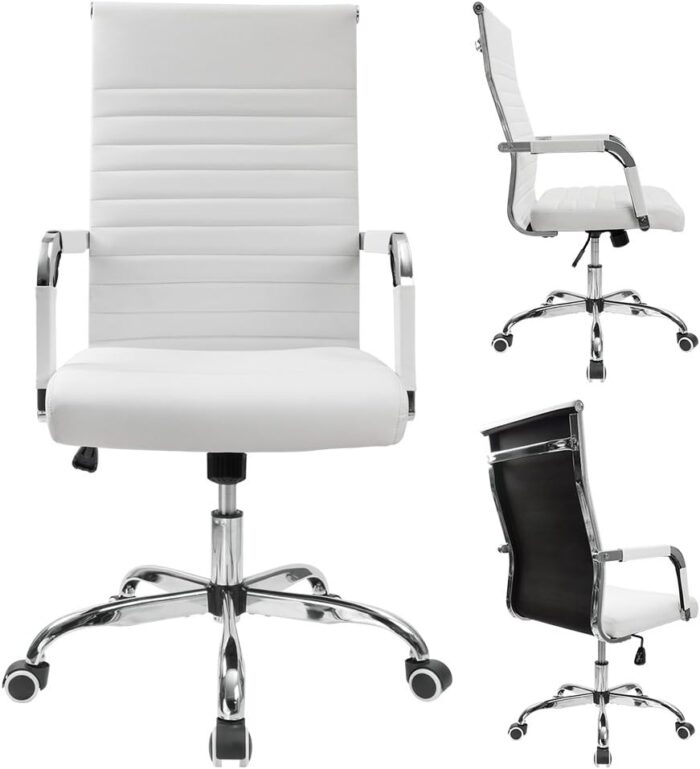 Furmax New Furmax Ribbed Office Desk Mid-Back Pu Leather (White) - Image 4