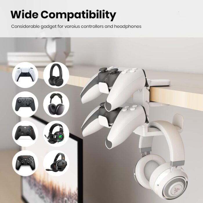 3 in 1 PC Gaming Headphone & Controller Holder, Headphones Hanger Adjustable Rotating Arm Clamp,Headphone Stand Under Desk, Universal Headset Controllers Hook with Cable Organizer-White - Image 2