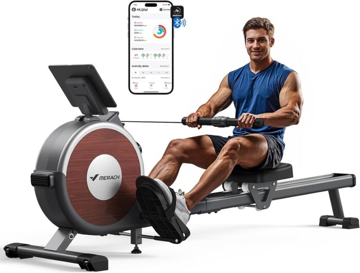 Merach Rowing Machines for Home Use,Quiet Magnetic Rower Machine 16 Levels of Resistance,Dual Slide Rail with Max 160kg Weight Capacity, App Compatible with LCD Monitor