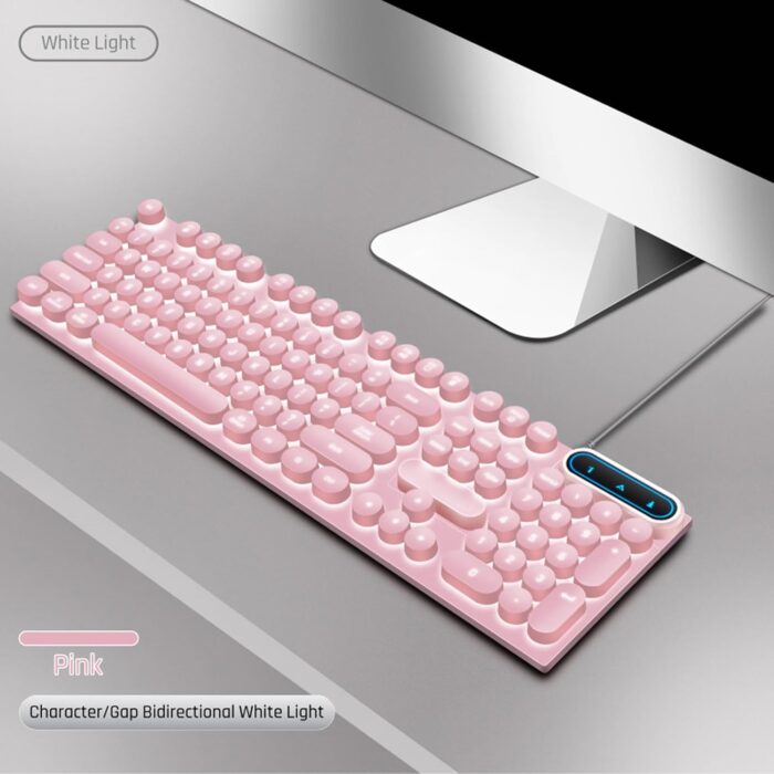 Zudoo Retro Wired Gaming Keyboard, Led Backlit Typewriter Style Mechanical Gaming Keyboard with 104 Round Keys, Multimedia Keys, Ergonomic USB Keyboard for Office Desktop Laptop (Pink) - Image 3