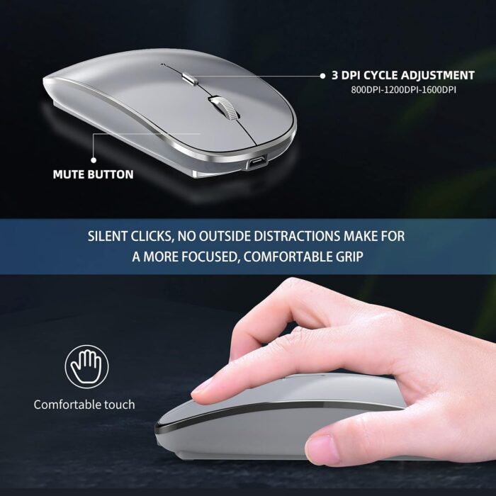 Halpilt Wireless Mouse Chargeable Portable Silent USB and Type-C Dual Mode Wireless Mouse 3 Adjustable DPI for Laptop, Mac, MacBook, Android, PC (Q23S Black) (Grey) - Image 4