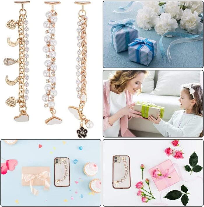 Beaded Cell Phone Chain Charms, Pearl Phone Chain Decoration, Lanyard Heart Moon Beaded Phone Charm Strap Crystal Rhinestone Diamond Gold Chain Universal Mobile Phone Finger Strap for Women(3Pcs) - Image 5
