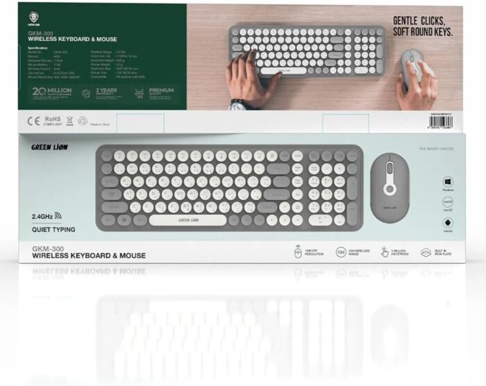Green Lion GKM-300 Wireless Keyboard+Mouse, Multiple DPI Mouse, USB connectivity, 5M Keystrokes, 2.4G Mini USB, 10 M Range, Quiet Typing, Build in Plate - Gray - Image 7