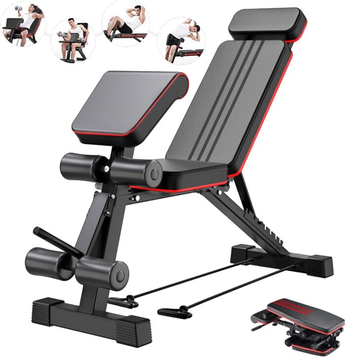 Adjustable Weight Bench, Foldable Exercise Workout Bench, Extended head & neck protection, Decline/Incline/Bench Press, Utility Bench for Home Gym Full Body Fitness with Elastic Ropes - Image 7