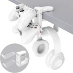 3 in 1 PC Gaming Headphone & Controller Holder, Headphones Hanger Adjustable Rotating Arm Clamp,Headphone Stand Under Desk, Universal Headset Controllers Hook with Cable Organizer-White