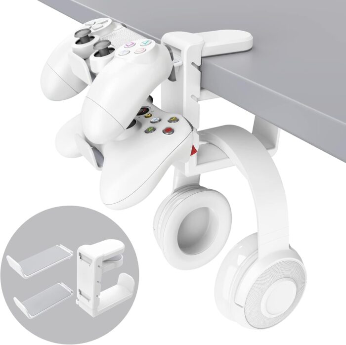 3 in 1 PC Gaming Headphone & Controller Holder, Headphones Hanger Adjustable Rotating Arm Clamp,Headphone Stand Under Desk, Universal Headset Controllers Hook with Cable Organizer-White