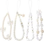 DKDDSSS 4 pcs Phone Charm, Beaded Phone Bracelet Strap, White Pearl Bow Cell Phone Charms, Cute Phone Charm