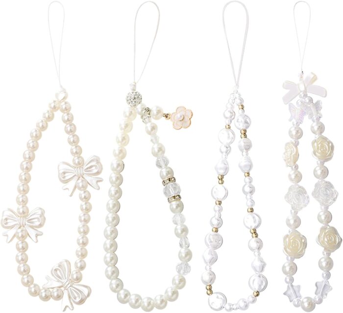 DKDDSSS 4 pcs Phone Charm, Beaded Phone Bracelet Strap, White Pearl Bow Cell Phone Charms, Cute Phone Charm