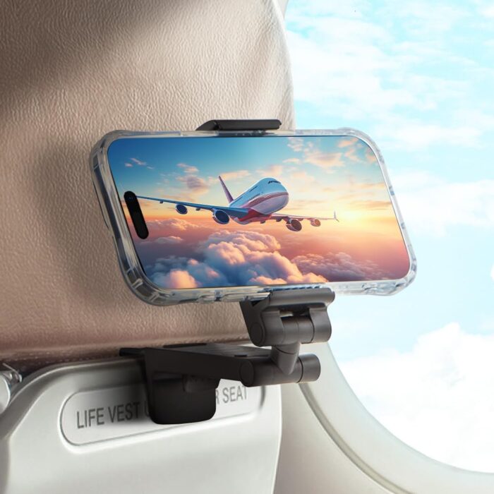 Golifyne Universal Mobile Phone Holder Airplane Mobile Phone Holder with Pouch for On the Go Clamp Holder Stand for Travel, Train, Office, Kitchen, Compatible with iPhone/Samsung/Huawei Smartphone