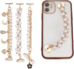 Beaded Cell Phone Chain Charms, Pearl Phone Chain Decoration, Lanyard Heart Moon Beaded Phone Charm Strap Crystal Rhinestone Diamond Gold Chain Universal Mobile Phone Finger Strap for Women(3Pcs)