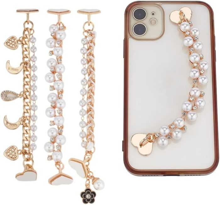 Beaded Cell Phone Chain Charms, Pearl Phone Chain Decoration, Lanyard Heart Moon Beaded Phone Charm Strap Crystal Rhinestone Diamond Gold Chain Universal Mobile Phone Finger Strap for Women(3Pcs)