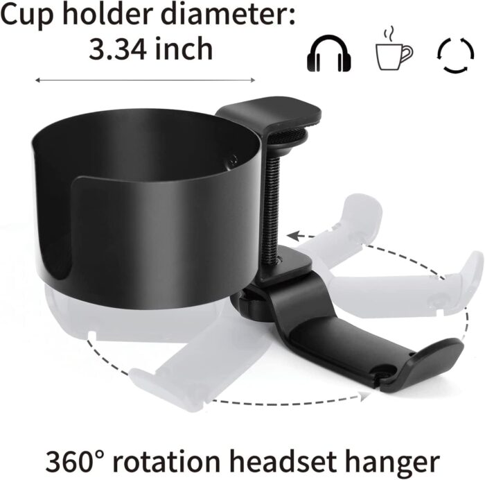 MIKUER 2 in 1 Headphone Stand with Desk Cup Holder,360 Degree Rotation Headset Hanger,Table Headphone Stand with Cable Organizer, Anti Spill Cup Holder Gaming Headset Clamp Black - Image 2