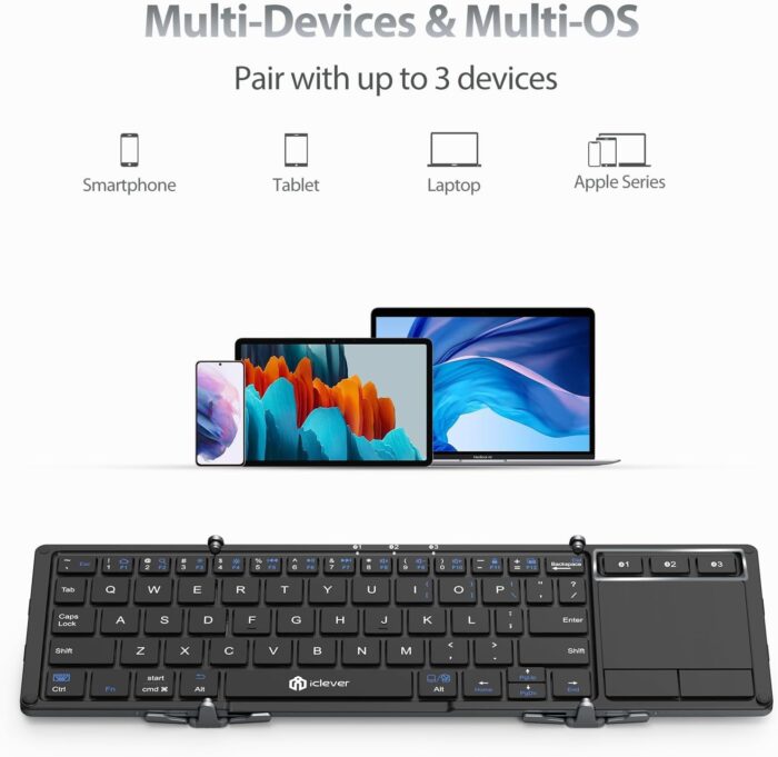 iClever iClever Folding Wireless Keyboard with Sensitive Touch Pad, Pocket-Sized Tri-folding Bluetooth Keyboards with Portable Carry Pouch, Aluminum Alloy Base (Sync Up to 3 Devices), Dark Gray - Image 2