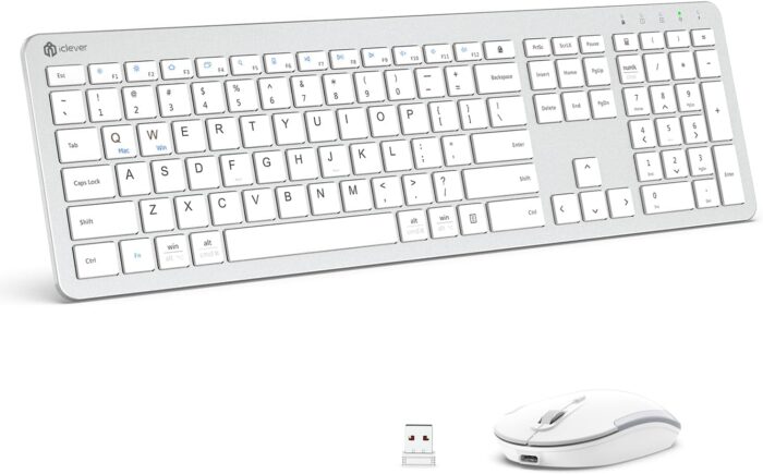 iClever GK08 Wireless Keyboard and Mouse Combo – Full-Size Ergonomic Keyboard with Number Pad, 2.4G USB, Quiet Click, 3-Level DPI, Rechargeable, Slim Design for Windows/Mac, Silver