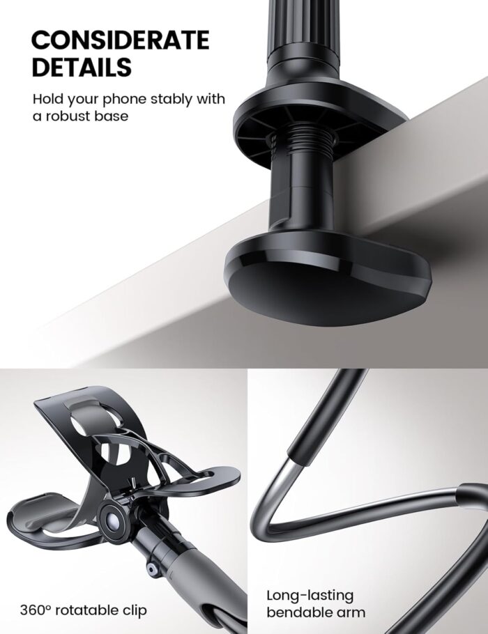 Lamicall Gooseneck Phone Holder for Bed - Cell Phone Mount Clamp Clip, Flexible Long Arm, Overhead Mount for Desk Headboard Bedside, for iPhone 16 Pro Max, 15 Pro Max, 14 Plus, 13 Mini & 4-7" Phone - Image 6