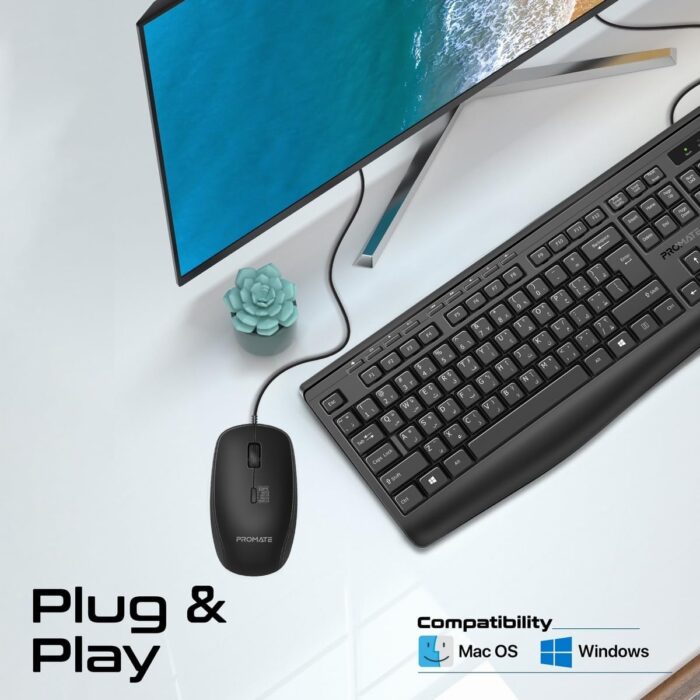 Promate Wired Keyboard and Mouse Combo, Ergonomic Slim Full-Size Quiet Keyboard, 2400 DPI Ambidextrous Mouse, Spill-Resistance, Media Keys, Plug and Play for iMac, MacBook Pro, Dell, Combo-CM4 - EN/AR - Image 8