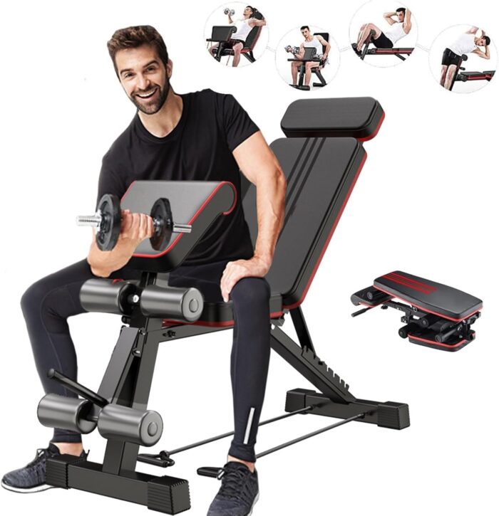 Adjustable Weight Bench, Foldable Exercise Workout Bench, Extended head & neck protection, Decline/Incline/Bench Press, Utility Bench for Home Gym Full Body Fitness with Elastic Ropes