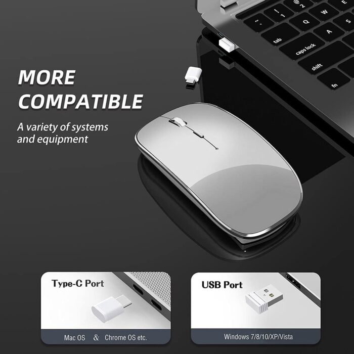 Halpilt Wireless Mouse Chargeable Portable Silent USB and Type-C Dual Mode Wireless Mouse 3 Adjustable DPI for Laptop, Mac, MacBook, Android, PC (Q23S Black) (Grey) - Image 2