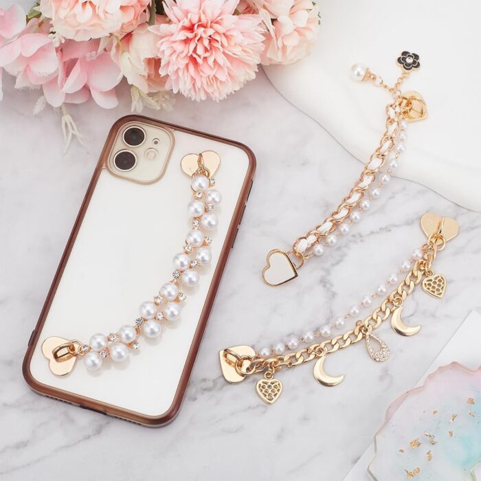 Beaded Cell Phone Chain Charms, Pearl Phone Chain Decoration, Lanyard Heart Moon Beaded Phone Charm Strap Crystal Rhinestone Diamond Gold Chain Universal Mobile Phone Finger Strap for Women(3Pcs) - Image 7