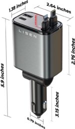 LISEN 4 in One Retractable iPhone Car Charger Cigarette Lighter Adapter [69W], Fast Charge USB C Car Charger Adapter with Retractable Cord Cable, Car Organization for iPhone 15 Pro Max Plus - Image 6