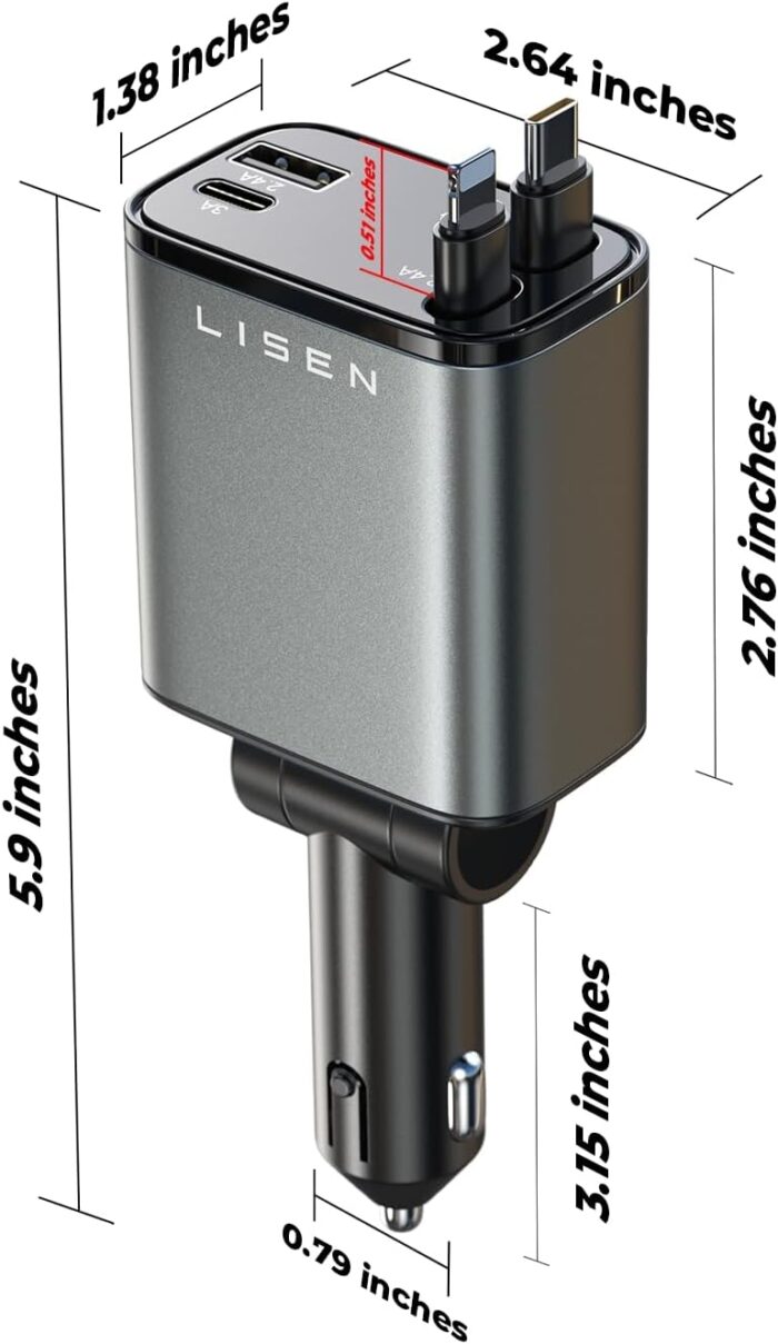 LISEN 4 in One Retractable iPhone Car Charger Cigarette Lighter Adapter [69W], Fast Charge USB C Car Charger Adapter with Retractable Cord Cable, Car Organization for iPhone 15 Pro Max Plus - Image 6