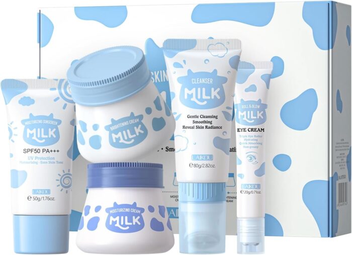 LAIKOU Milk Skincare Set, 5pcs Hydrating Facial Kit Milk Beauty Gift Sets for Teenage Girls with Cleanser, Day Cream, Night Cream, Eye Cream, Sunscreen , for Deep Hydrating Smoothing (B)