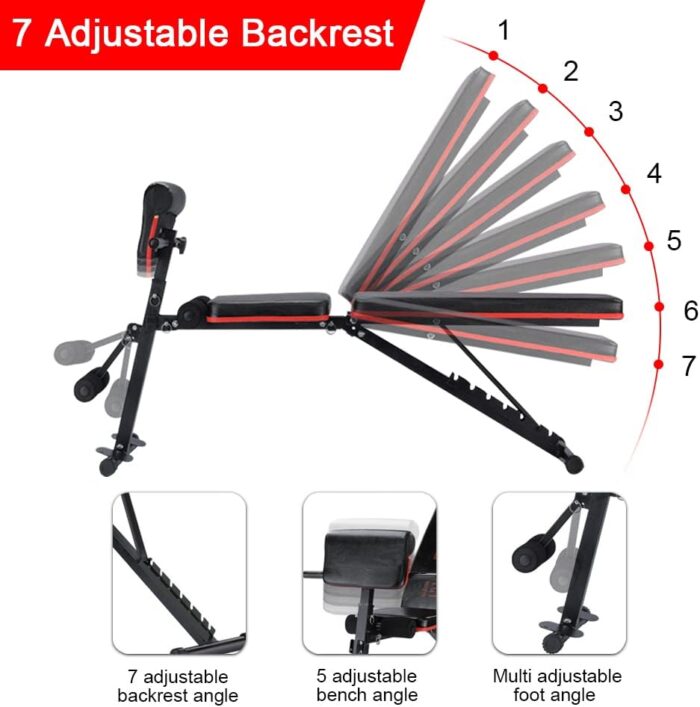 Gluckluz Adjustable Weight Bench Foldable Exercise Workout Utility Bench with 150KG Large Capacity & Elastic Ropes for Home Gym Full Body Fitness Strength Training Sit Up Flat Incline Decline - Image 2