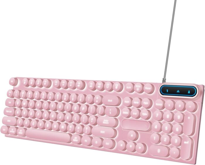 Zudoo Retro Wired Gaming Keyboard, Led Backlit Typewriter Style Mechanical Gaming Keyboard with 104 Round Keys, Multimedia Keys, Ergonomic USB Keyboard for Office Desktop Laptop (Pink) - Image 7