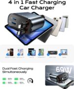 LISEN 4 in One Retractable iPhone Car Charger Cigarette Lighter Adapter [69W], Fast Charge USB C Car Charger Adapter with Retractable Cord Cable, Car Organization for iPhone 15 Pro Max Plus - Image 5