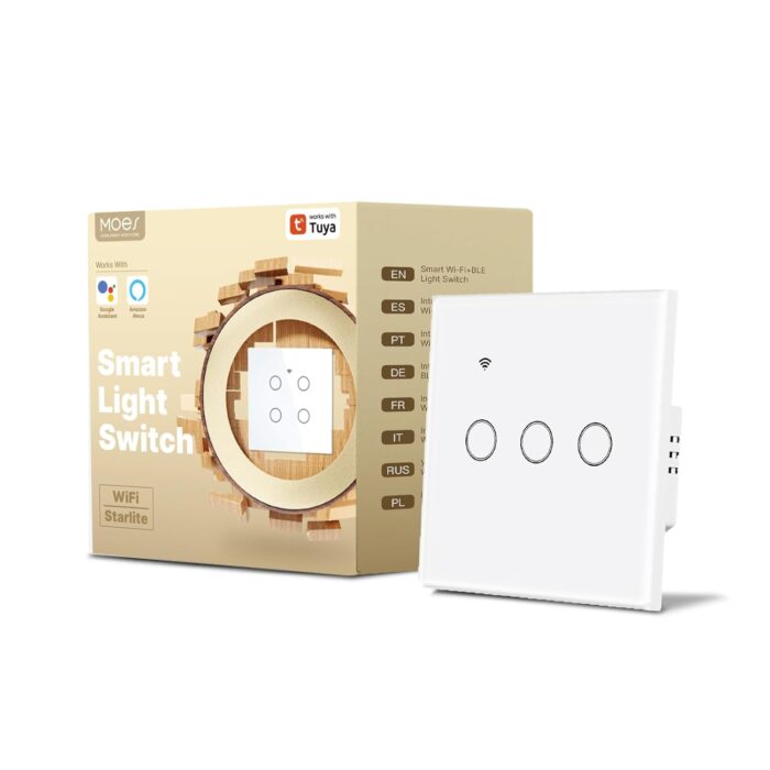 MOES Tuya WiFi Smart Touch Switch – Sleek Glass Panel, Works with Alexa & Google Home, Neutral/No Neutral Wire Installation (Capacitor Included) – 3 Gang