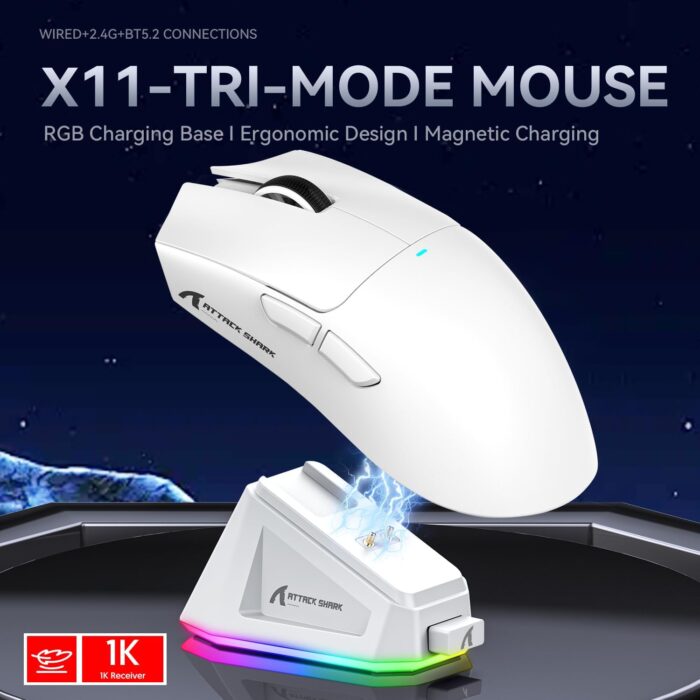 ATTACK SHARK X11 Gaming Mouse with Magnetic Charging Dock, PixArt PAW3311 Gaming Sensor, BT/2.4G Wireless/Wired Gaming Mouse, 22000DPI, Office Mice Gamer Mice for Win11/Xbox/PS/Mac(White) - Image 2