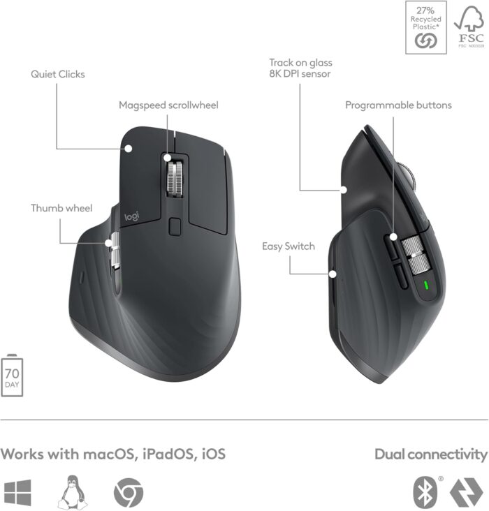 Logitech MX Keys S Combo - Performance Wireless Keyboard and Mouse with Palm Rest, Customizable Illumination, Fast Scrolling, Bluetooth, USB C, for Windows, Linux, Chrome, Mac - Graphite, ARA Layout - Image 4