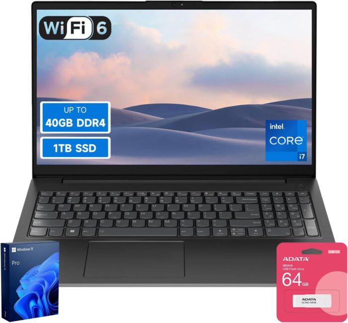 Lenovo V15 High-Performance Business Laptop, 15.6″ FHD Display, 13th Gen Intel 10-Core i7-13620H, 16GB RAM, 512GB SSD, Webcam, HDMI, Wi-Fi 6, Windows 11 Pro, Bundle with ADATA 64GB USB Flash Drive