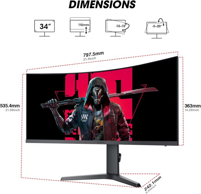 KOORUI 34-inch Curved Ultrawide WQHD 3440×1440 Gaming Monitor, 165Hz 1000R- PIP/PBP, 1ms(MPRT), HDR400, DCI-P3 95%, FreeSync Premium, 1 x DP 1.4 & 2 x HDMI 2.0, Tilt Height Swivel Adjustment, 34E6UC - Image 9