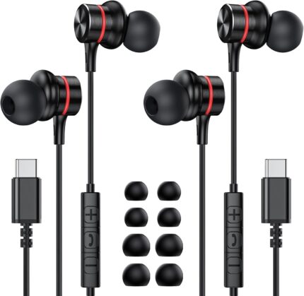 MOSWAG USB Type C Headphones, USB Type C Earbuds in-Ear Wired Earphones with Microphone for Apple iPhone 15 Pro Max, Samsung Galaxy S23 S24 FE Ultra, Google Pixel 9 8-2Pack