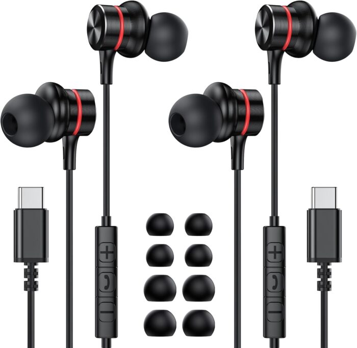 MOSWAG USB Type C Headphones, USB Type C Earbuds in-Ear Wired Earphones with Microphone for Apple iPhone 15 Pro Max, Samsung Galaxy S23 S24 FE Ultra, Google Pixel 9 8-2Pack