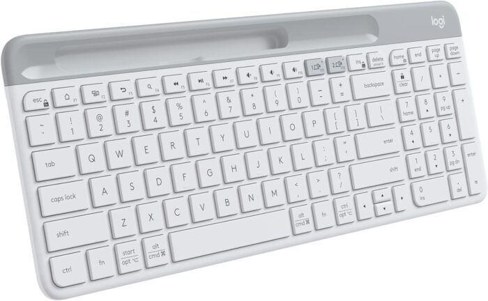 Logitech K580 Slim Multi-Device Wireless Keyboard – Bluetooth/Receiver, Compact, Easy Switch, 24 Month Battery, Win/Mac, Desktop, Tablet,Smartphone, Laptop Compatible, English+Arabic Keyboard – White